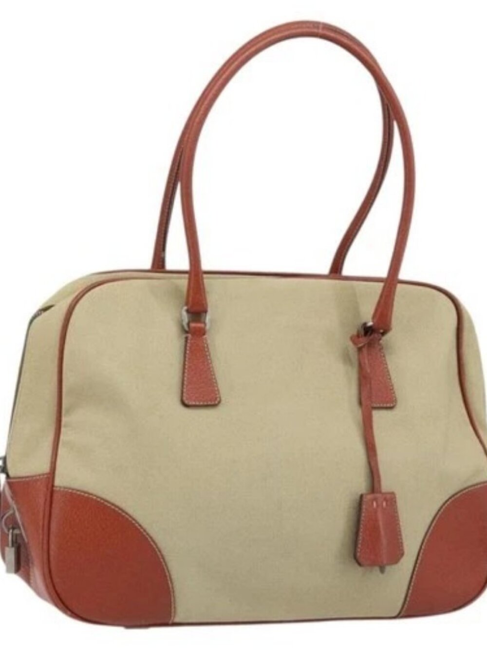 PRADA Tote Bag Canvas Beige Silver Auth ka2799